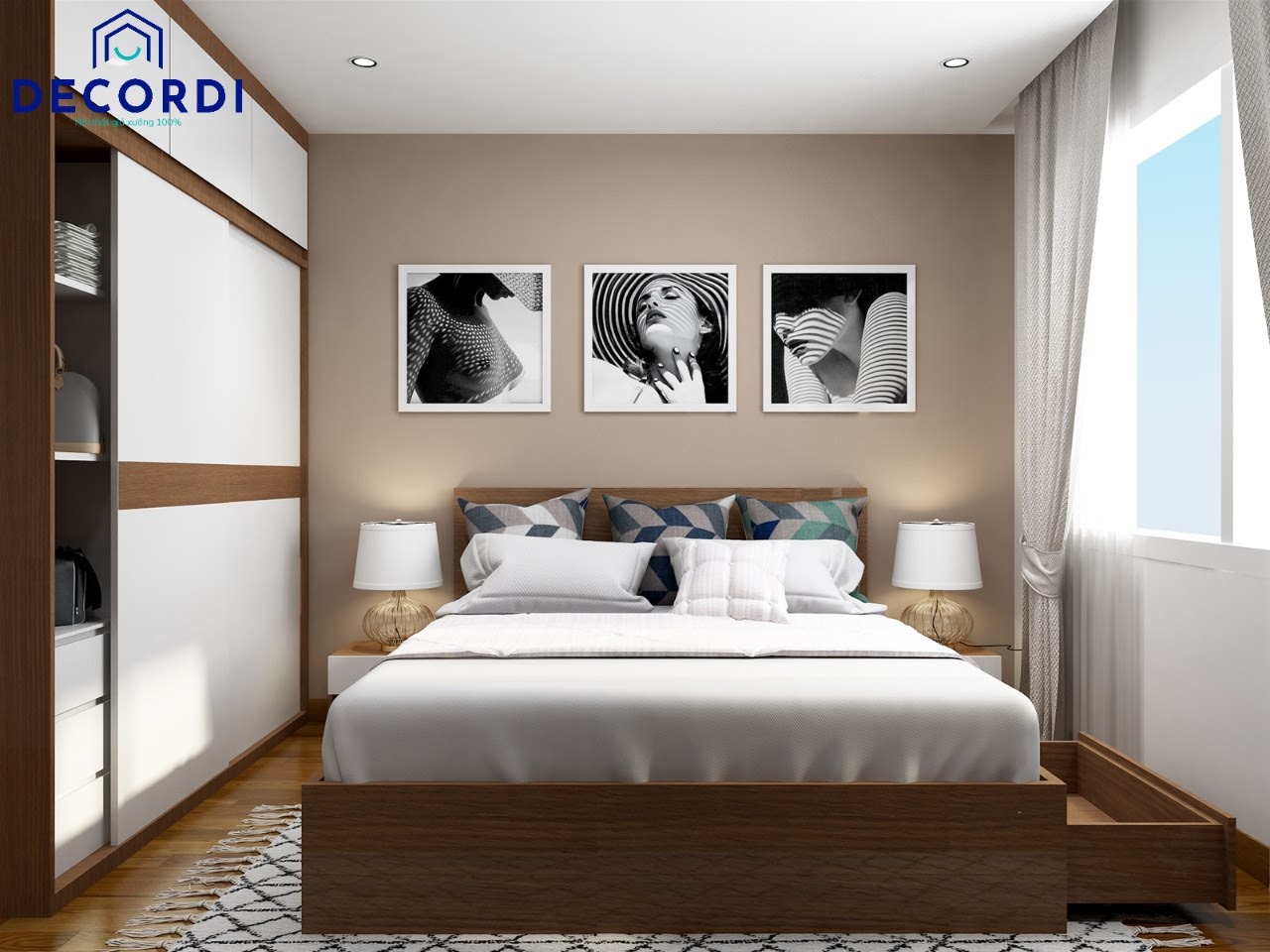 Phòng ngủ được bố trí giường ngủ lớn có ngăn kéo và tủ quần áo lớn cánh trượt